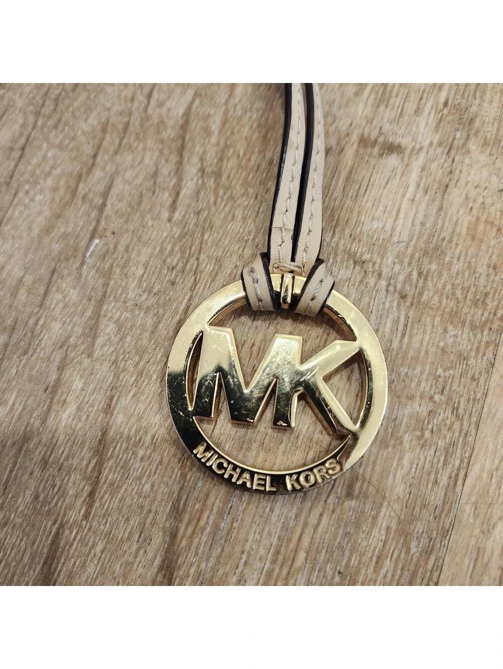 Michael Kors Gold MK Logo Bag Charm Fob Purse Hang Tag Circle Leather Strap